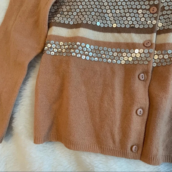 Vintage 80s/90s camel beige wool cardigan with sequins and stripe - Picture 3 of 4